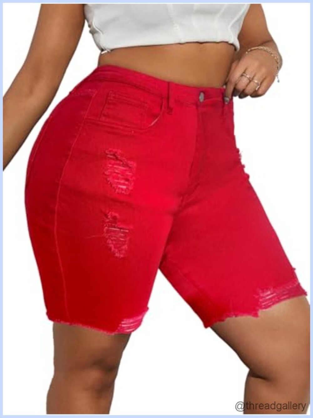 High Waisted Distressed Denim Bermuda Shorts Raw Hem Knee Length